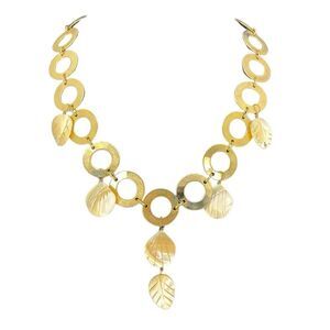 Mother of Pearl Dangle Carved Leaves Necklace Gold Plated Round Chain Link